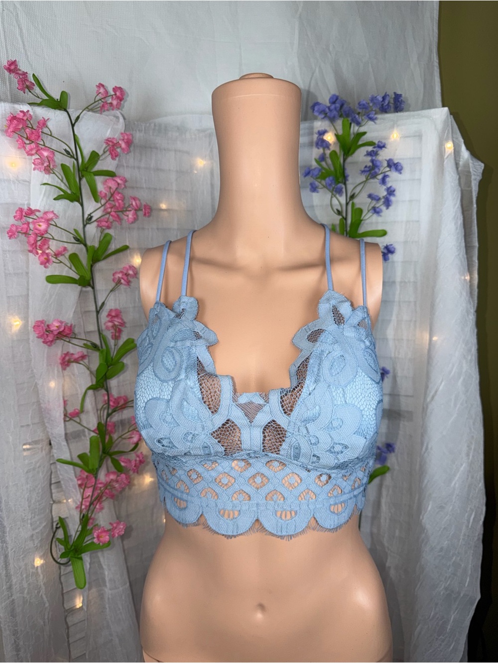 Zenana Delicate Ash Blue Lace Bralette with Double Straps (new in bag)